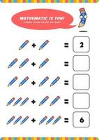 preschool addition mathematics learn worksheet activity template with cute pencil illustration for child kids vector