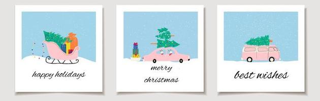 Christmas vector gift card or tag Set of three  with Christmas sleigh with gifts and Christmas tree and car in which mascots 2023 rabbits sit.  merry christmas lettering, best wishes.