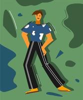 The guy is standing on a green abstract background. The man is fashionable, flat style. Full-length man in trousers and T-shirt, modern drawing style vector