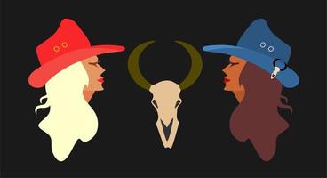 Wild West. Two cowboy girls with a cactus between them. A blonde in a red hat, a brown-haired woman in blue with a bull's skull. Retro illustration. Cowboy mood. Black background. vector