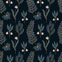 Pattern Luxury flowers doodle blue and gold color on dark background. vector