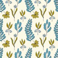 Flowers pattern doodle hand drawn green and blue color. vector