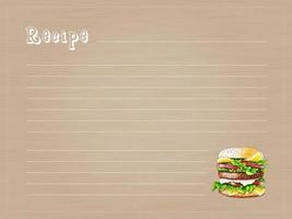 Recipe lined paper on wooden table background. Banner with burger hand drawn pencil . vector