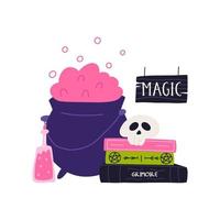 Composition of magic attributes, cartoon flat vector illustration isolated on white background. Witch cauldron, book of spells, skull and potion bottle. Halloween greeting card.