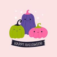 Happy Halloween greeting card with funny pumpkins, flat vector illustration isolated on pastel pink background. Cute pumpkins with cheerful face expression. Halloween drawing for kids.