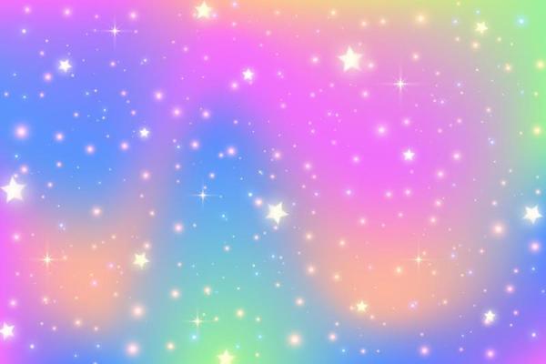 Rainbow fantasy background. Holographic bright illustration. Cute cartoon girly backdrop. Multicolored sky with stars. Vector.