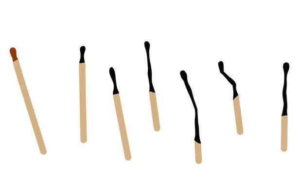 Burnt match. Set for lighting fire. New and charred wooden stick.