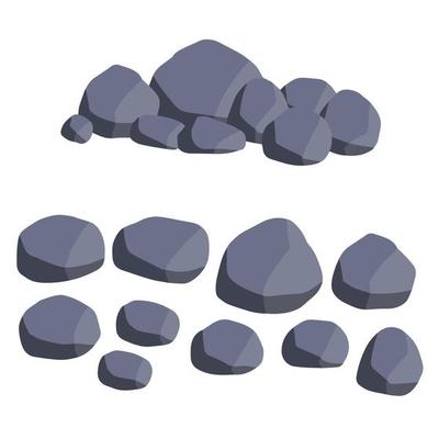 Set of stones. Pile of cobblestones. Gray geological minerals. Heavy wall construction material. Large blocks