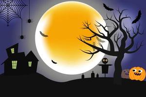Happy Halloween terrifying night Background with black bats,spider,Pumpkin,horror Night scene,Spooky Nighttime Happy halloween festival horrible background. vector