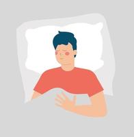 Relaxed man sleeping at night lying in his bed. Male taking a nap snores and sees happy dreams. Stress free, mental health wellbeing, body care, positive mind concept. Vector illustration