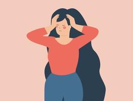 Woman has headache on top of her head. Female suffers from migraine, stress and depression at work due to labor exploitation. Illustration of burnout and breakdown. Concept of mental health disorder. vector