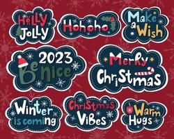 Set of colourful vector handdrawn lettering stickers about winter. Merry Christmas, Winter is coming, Warm hugs, Make a wish, 2023 be nice, Christmas vibes.