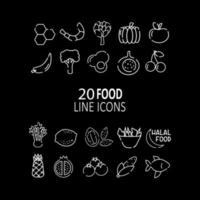 20 íconos de línea de alimentos: miel, camarones, alcachofa, calabaza, manzana, chile, brócoli, huevos, higo, cereza, apio, limón, ensalada, halal, piña, granada, maíz, pescado. blanco sobre fondo negro. vector