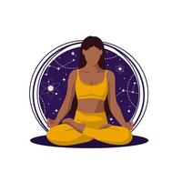 Dark-skinned girl with long hair doing yoga on a cosmic background. Yoga lotus pose. vector