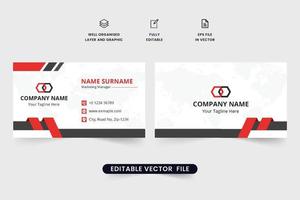 Creative horizontal visiting card template vector with dark and red colors. Professional business card decoration with creative shapes. Print ready double-sided business card design for personal uses.