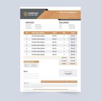 Minimal invoice template design for business billing method. Product price receipt and payment agreement invoice vector. Business invoice design with orange shade and blue colors. Cash receipt invoice vector