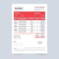 Creative invoice template design for payment information. Business stationery and invoice vector with red and dark blue color. Invoice bill template and cash receipt design with business info section.