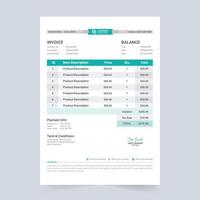 Minimal invoice template vector for business bill calculation. Payment agreement and invoice bill template with dark cyan and yellow color. Product buy and sell price receipt design with product info.