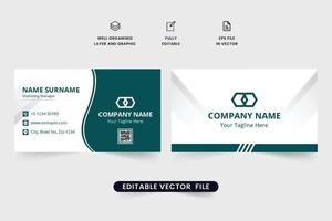 Double-sided visiting card template design with dark green color. Modern business card vector with abstract shapes. Professional business identity card design for personal uses. Visiting card vector.