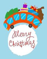 Merry Christmas greeting card. red curved christmas bus with fir tree and gifts. Side view. vector