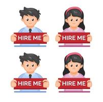Man and woman holding board HIRE ME message with sad and happy expression, employee job seeker symbol illustration vector
