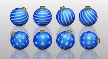 Set of blue christmas ball decorations, ornaments with various patterns vector