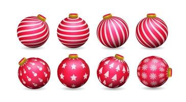 Set of red christmas ball decorations, ornaments with various patterns vector