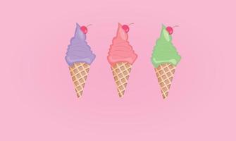 Ice cream set. Ice cream cone with cherries. vector