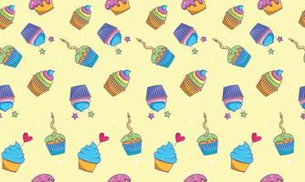 Seamless food pattern bright cupcakes on yellow background vector