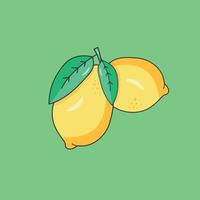 Lemons two yellow with a leaf on a green background. vector