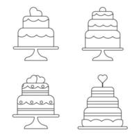 Set of festive wedding cakes in a linear style. Vector illustration