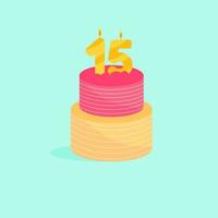 Holiday bright cake with a candle age fifteen. Vector illustration