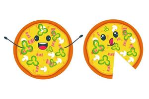 pizza kawaii entera con aderezos de tocino. ilustración de comida rápida vector