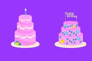 Set of birthday cakes with birthday inscriptions. Vector illustration