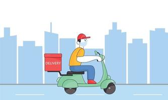 Online delivery service, online order tracking, home and office delivery. Scooter delivery. A man on a bicycle in the city and wearing a mask.