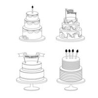 Set of birthday cakes with inscriptions in line style. vector