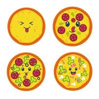pizza kawaii entera en diferentes sabores. ilustración de comida rápida vector