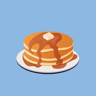 Pancakes with syrup on a plate on a blue background