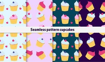 Seamless cupcake pattern set in different colors. Food vector