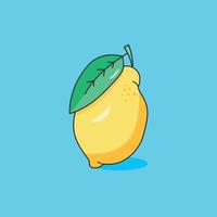 Lemon yellow with a leaf on a blue background. vector