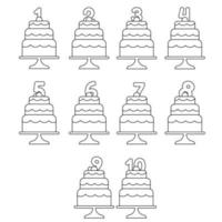 Set of cakes with candles with age line style. Vector illustration