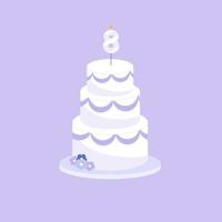 Holiday cake with an age eight candle in a flat style. Vector illustration