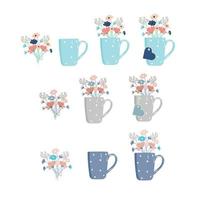 Set of different Cup, mug with patterns and flowers vector