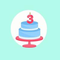 Holiday cake with a candle of age three. Vector illustration