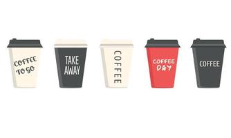 A set of different paper coffee cups with inscriptions. Coffee, coffee to go, coffee day, coffee to go vector