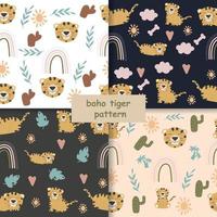 Seamless children's tiger pattern in boho style. Vector illustration