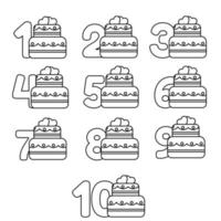 Set of cakes with candles with age in line style. Vector illustration