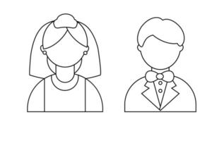 Bride and groom in line style. Vector illustration on white background.