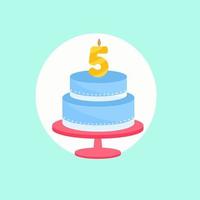 Holiday cake with a candle of age five. Vector illustration