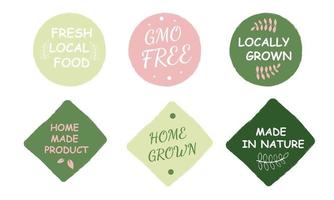 A set of organic stickers, labels, badges and logos.  FRESH LOCAL PRODUCE, NON-GMO, LOCALLY GROWN, MADE vector